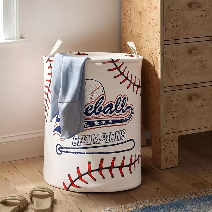 2Pcs Basketball Cute Kids Laundry Basket Baby Nursery Hamper Boys Room Decor Foldable Oxford Cloth Funny Tote Clothes Storage Bucket Organizer For Bedroom (Baseball)