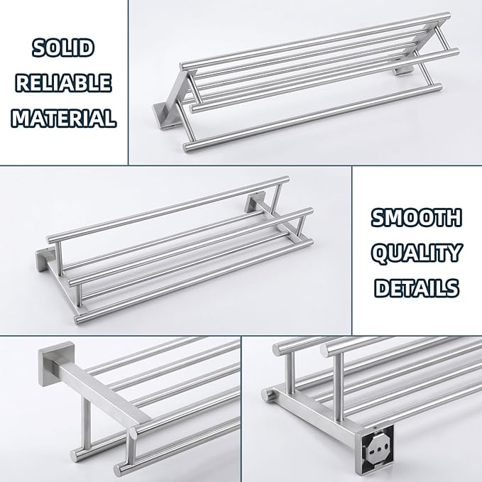 Towel Rack for Bathroom Brushed Nickel, Angle Simple SUS304 Stainless Steel Bath Towel Holder with Shelf for Wall 23.62 Inches