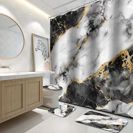 Lnond 4Pcs Bathroom Sets with Shower Curtain and Rugs, Marble Bathroom Shower Curtain Sets, Black White Gold Modern Art Bathroom Sets with Rugs and Accessories