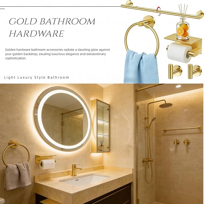 5Pcs Brushed Gold Bathroom Hardware Accessories, 24 Inch Bath Towel Bar Set, Toilet Paper Holder with Shelf, Stainless Steel Wall Mounted Towel Rack Set, Center Section Removable