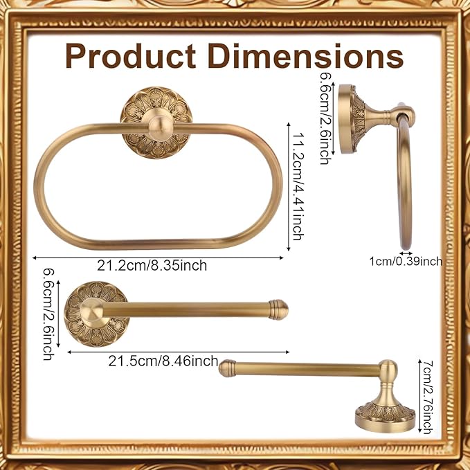 2pcs Antique Brass Toilet Paper Holder, Retro Brass Hand Towel Ring Wall Mounted Towel Rack Bathroom Accessories for Home Hostel
