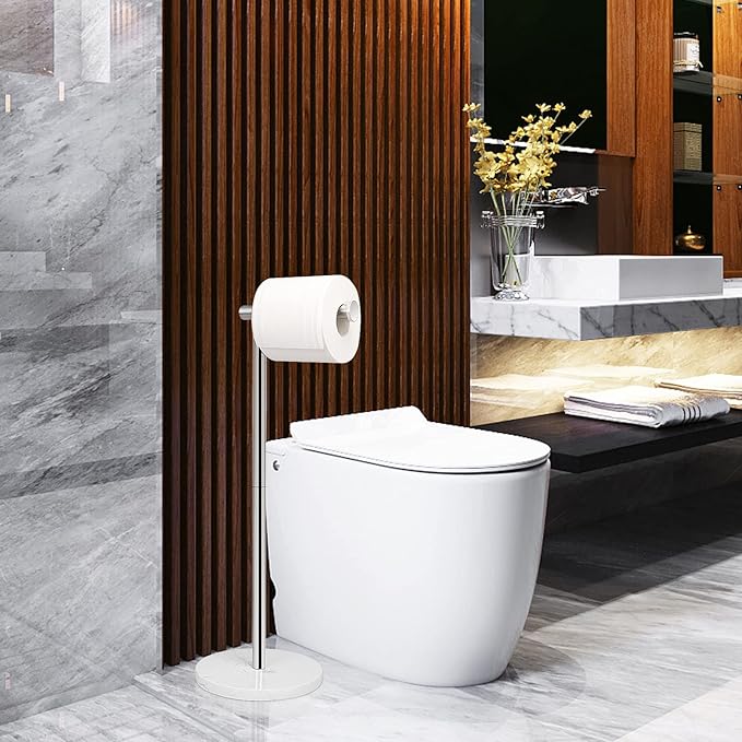 NearMoon Bath Toilet Paper Holder Stand- Modern Tissue Roll Holder Standing with Balanced Base, Rustproof Toilet Roll Holder for Bathroom/Kitchen Countertop (Chrome Finish, Marble Base)