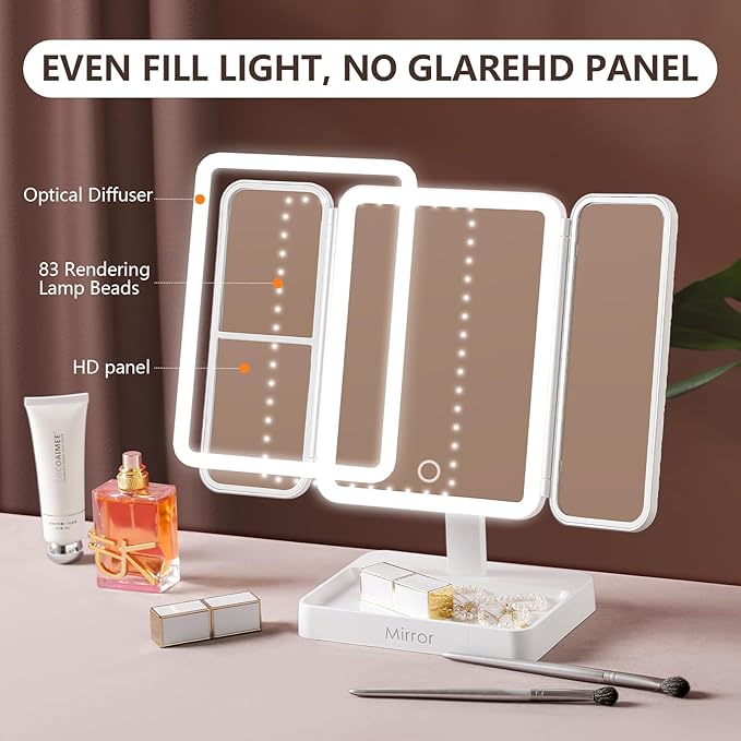 StellarHorizon Makeup Mirror Vanity with Lights, 83 LEDs, 360-Degree Uniform Fill Light, 3-Color Lighting, Touch Control, Trifold Makeup Mirror,Portable Led Travel Mirror，Women Gift