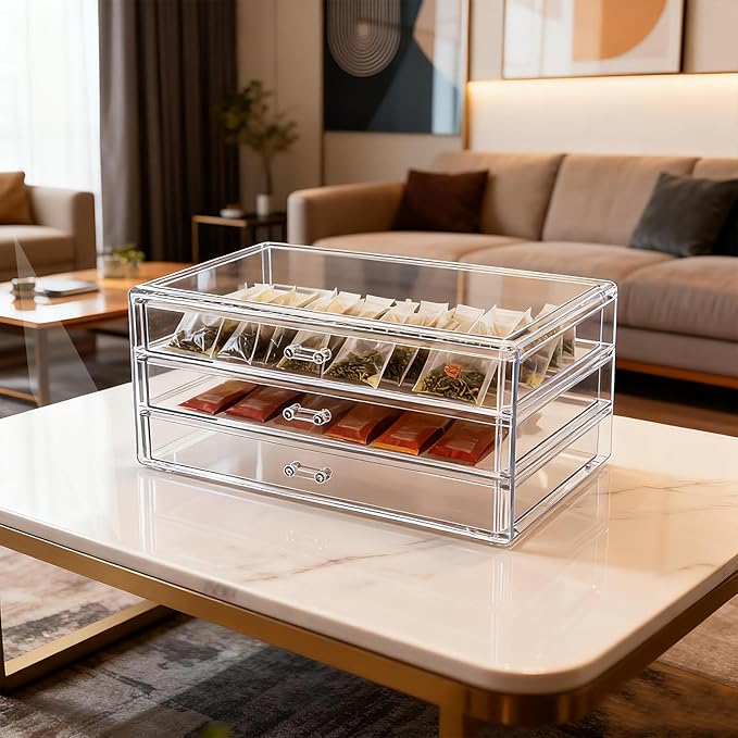 Acrylic Makeup Organizers, 9.3 X 5.3 X 4 Inch Stackable Makeup Organizer Acrylic 3 Drawer Storage Organizers Clear Stationery Organizer for Dresser, Bathroom, Vanity, Countertop