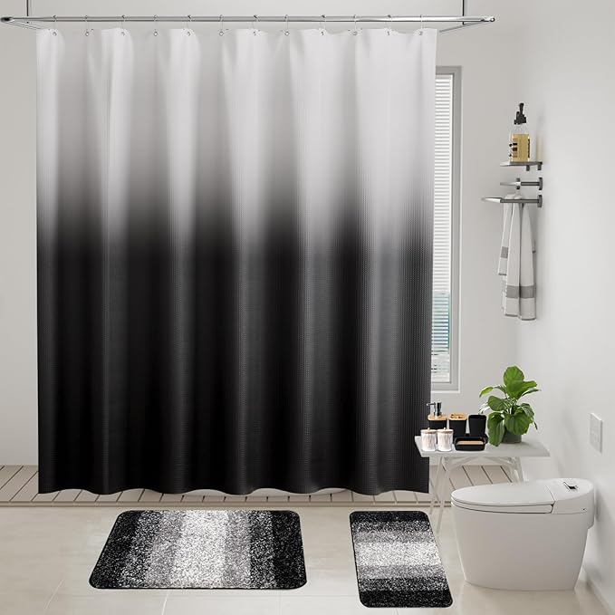 XLHOMO Black Bathroom Accessories Set with Wicker Trash Can Shower Curtain and Rugs,Bathroom Sets Small Waste Basket Bathroom Trash Can for Bedroom Bathroom