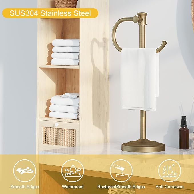 BESy 17 Inch Antique Brass Stand Towel Bar Hanger Hand Towel Bar Bathroom Vanity Countertop Towel Holder Free Standing Stainless Steel Towel Ring Hardware Accessories Towel Rack