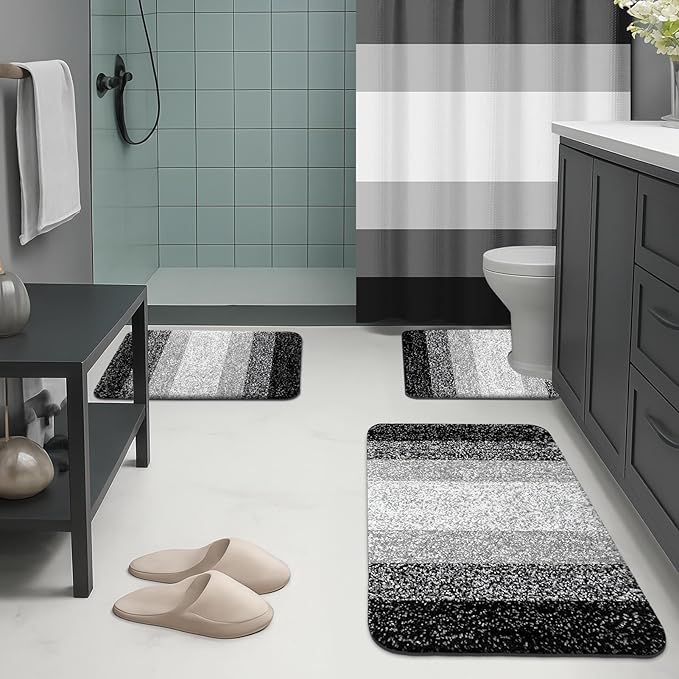 Britimes Black Stripes Bathroom Sets with Shower Curtain and Rugs, Modern Minimalist Ombre Grey Waterproof Shower Curtain Liner and Soft Non Slip Bath Mat for Bathroom Decor and Accessories Hooks