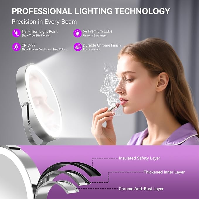 Auxmir 8" Lighted Makeup Mirror Rechargeable 1X/10X Magnifying Mirror with 3 Dimmable Colors Light, Double Sided Vanity Mirror with Stand, 360° Rotation Touch Screen Tabletop, Chrome