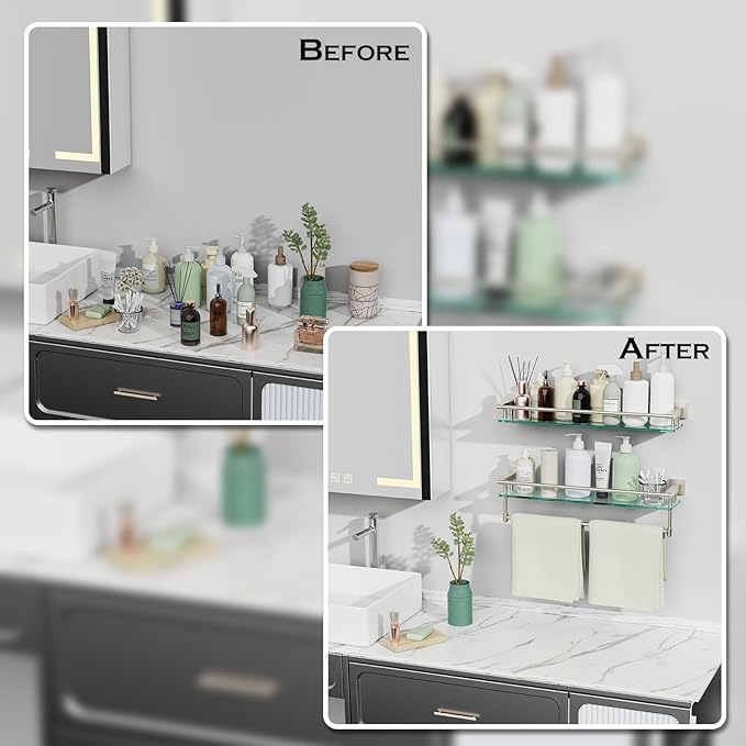 24-Inch Modern Wall-Mounted Bathroom Glass Shelf with 1 Shelf, Brushed Nickel, 1 Towel Bar, 45 lbs Weight Capacity