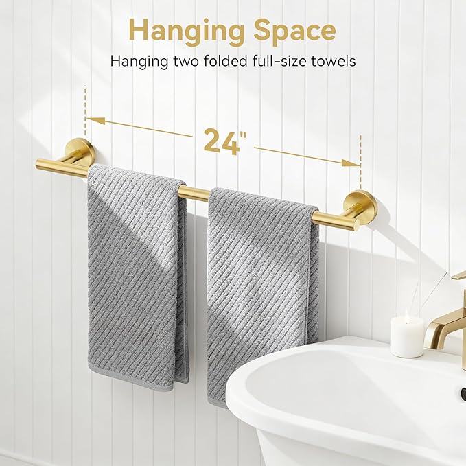 Brushed Gold Towel Bar, 24 Inch Towel Rack for Bathroom Wall-Mounted, SUS304 Stainless Steel, Total Length 26 Inch 2 Pack