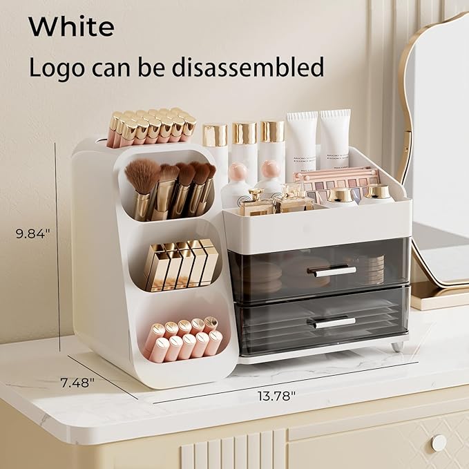 Makeup Organizer for Vanity with Brush Holder, Countertop Skincare Organizer with 2 Drawers, Spacious Cosmetic Display Case for Perfumes, Eyeshadow Palettes, Nail Polishes
