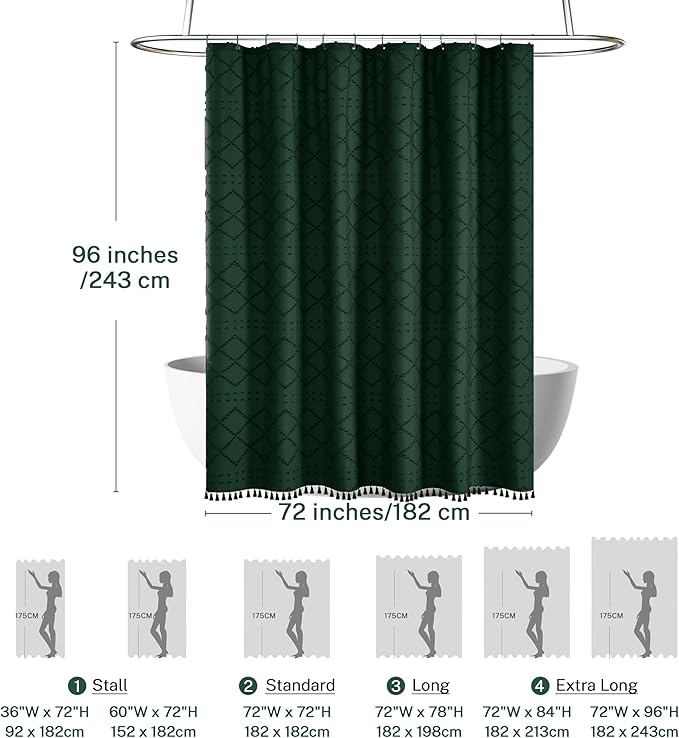 Extra Long Dark Green Boho Woven Fabric Cute 96 Inch Shower Curtain, 72 x 96 Tufted Chevron Textured Striped Modern Farmhouse Minimalist Cloth Shower Curtain for Bathroom
