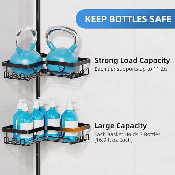 KEGII Set of 2 Wall Mount Toothbrush Holders with Tension Pole Shower Caddy, Rustproof Bathroom Organizer with Soap Holder & Hooks, 4 Adjustable Shower Shelves for Renters, 25-114.2 inch Black