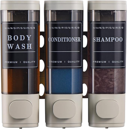 Shampoo and Conditioner Dispenser,Shower Dispenser 3 Chamber No Drilled Shampoo Dispenser for Shower Wall Mounted Body Wash for Bathroom Kitchen Hotel Large Capacity,Light Gray
