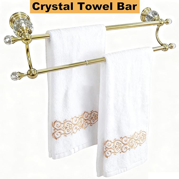 Gold Double Towel Bar with Crystal, Adjustable Towel Racks for Bathroom Wall Mounted 18-30 Inches, Stainless Steel Towel Rod Holder for Modern Luxury Bathroom