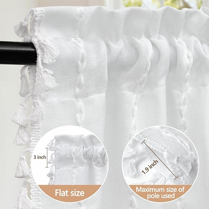 White Boho Farmhouse Valance Curtain with Tassels, 52 x 18 inch Linen Textured Window Curtain for Living Room, Striped Light Filtering Valance for Kitchen Bedroom Bathroom Rod Pocket