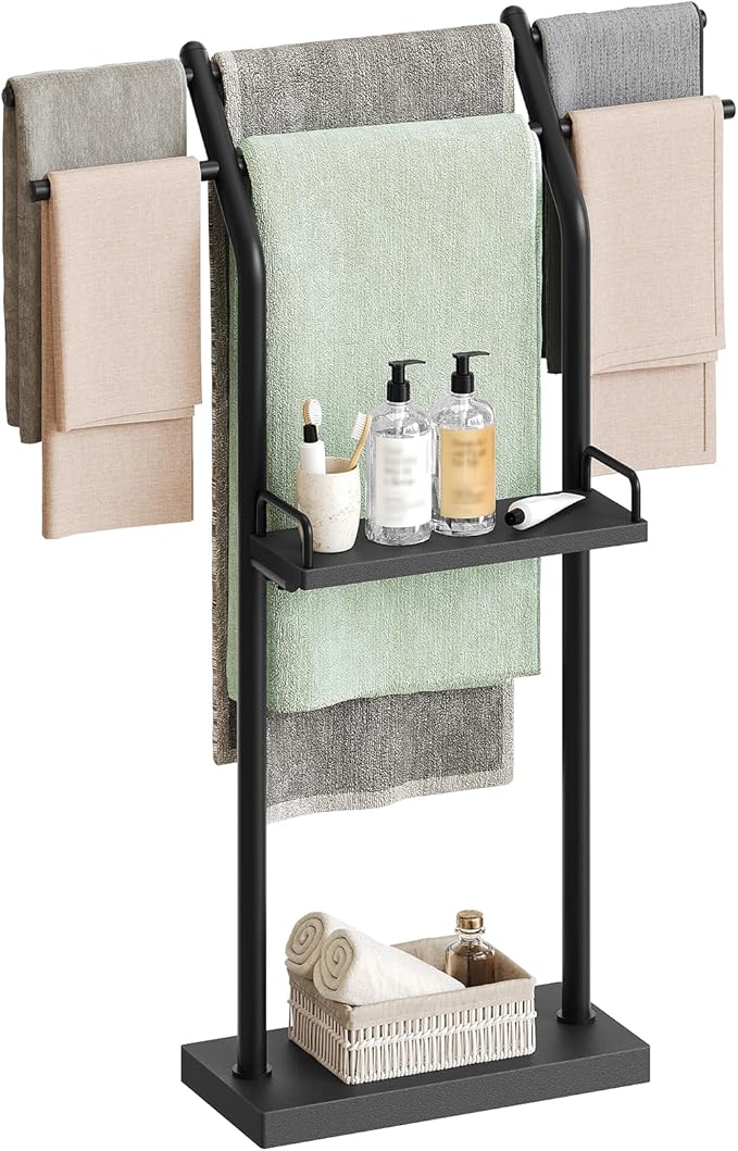 YATINEY Free Standing Towel Rack, Taller Double-T Shape Bath Sheet Holder for Bathroom, Floor Blanket Holder Stand with Weighted Base, 4-Tier Towel Storage Rack, for Living Room, Balcony, Black CJ20BB