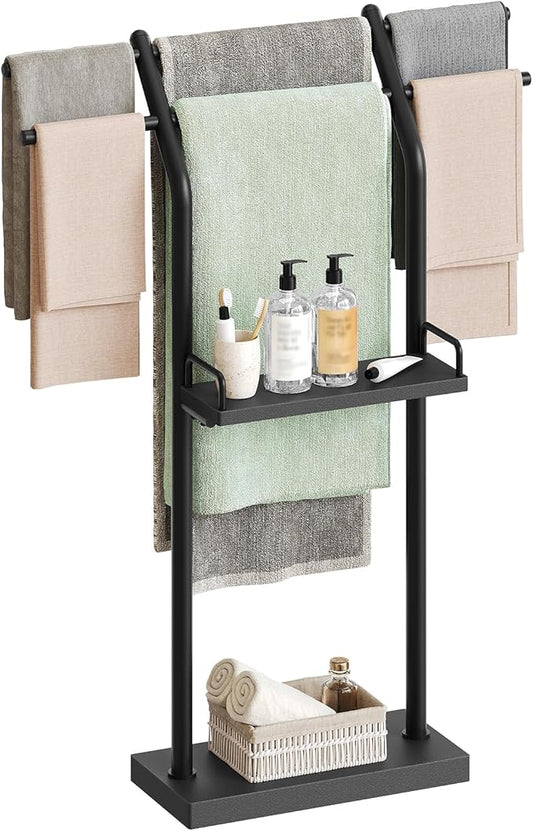 YATINEY Free Standing Towel Rack, Taller Double-T Shape Bath Sheet Holder for Bathroom, Floor Blanket Holder Stand with Weighted Base, 4-Tier Towel Storage Rack, for Living Room, Balcony, Black CJ20BB