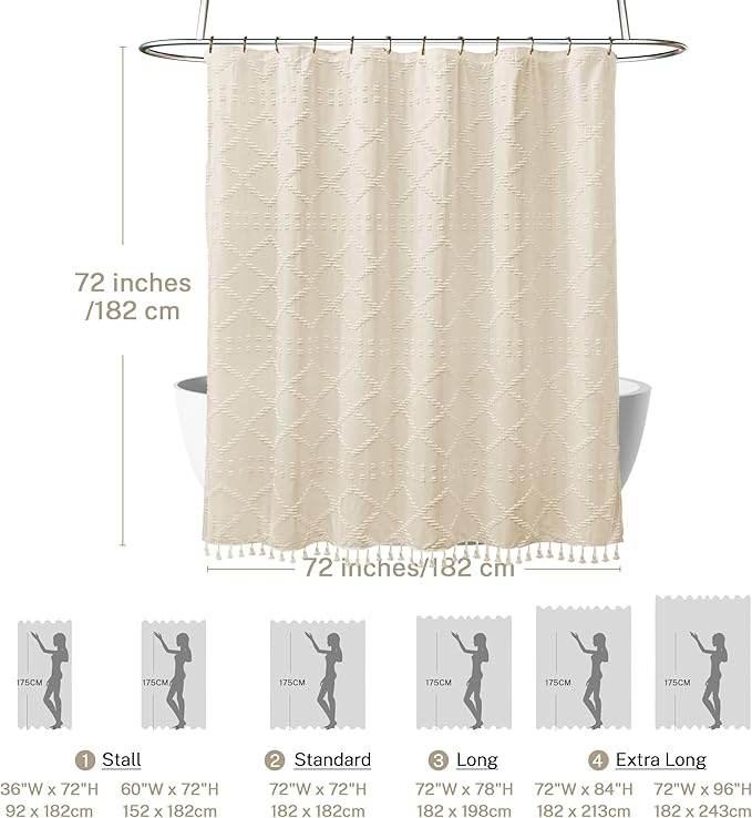 Boho Farmhouse Shower Curtain Woven Fabric Cream/Beige Shower Curtain, 72 x 72 Tufted Chevron Textured Striped Modern Minimalist Cloth Shower Curtains for Bathroom