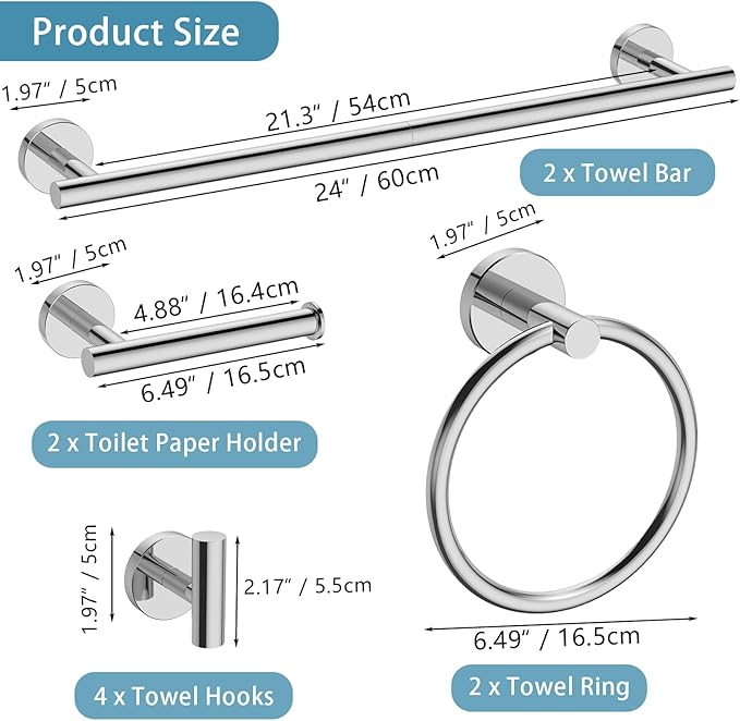 Newfun 10-Pieces Bathroom Hardware Set, Includes 24 Inch Towel Racks for Bathroom Wall Mounted, Toilet Paper Holder, Towel Hooks for Bathrooms, Towel Rings for Bathroom Wall (Polished Chrome)