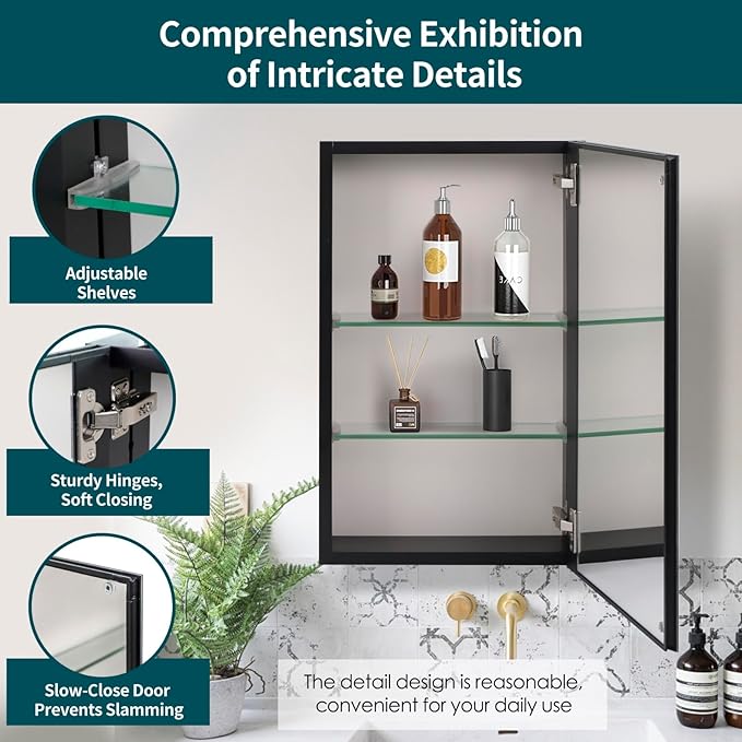 Movo 15 Inch x 24 Inch Medicine Cabinet with Mirror,Black Aluminum Framless Bathroom Mirror Recessed or Surface Mount Medicine Cabinet for Bathroom with Adjustable Shelves
