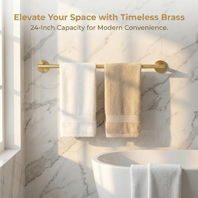 Self Adhesive Bath Towel Bar, Thicken Stainless Steel Shower Towel Rack Holder Wall Mounted for Bathroom, 23.6-lnch Overall Length-21-lnch Usable Hanging Space (1 Pack, Brushed Gold)