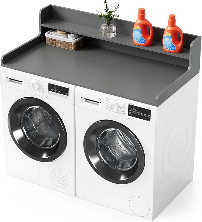 SpaceAid Washer Dryer Countertop with 2-Tier Shelf, Wood Topper with Edge, 54" Width x 27.5" Depth Cover Organizer Guard for Washer and Dryer Counter Laundry Hamper Storage (Gray)