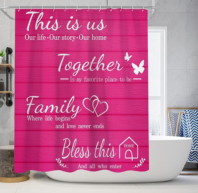juwute 4Pcs Family Shower Curtain Sets with Non-Slip Rugs, Toilet Lid Cover and Bath Mat, Pink Home Bathroom Decor Set Accessories Waterproof Shower Curtains with 12 Hooks, 72 x 72 Inch