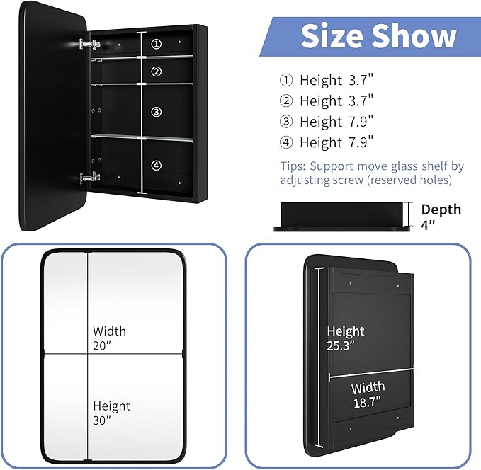 AGDULL Bathroom Wood Black Cabinet with 20''x30'' Black Metal Frame Curved Mirror, Recessed Medicine Cabinet, Bathroom Storage Cabinet