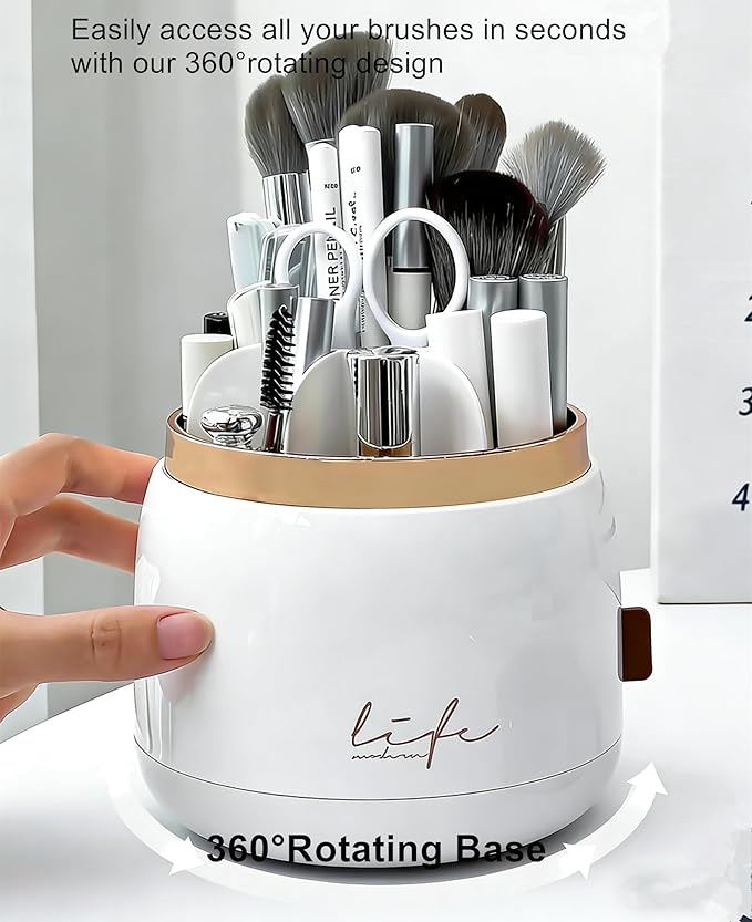 360 Rotating Makeup Brush Holder with Lid,Clear Dustproof Make Up Organizers for Vanity Countertop,Includes a Foldable Bowl for Cleaning Makeup Brush,Transparent, Dustproof-Green