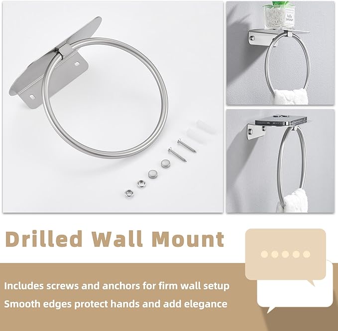 APLusee Towel Ring with Shelf Brushed Nickel, 304 Stainless Steel Rustproof Wall Mounted Holder, Space-Saving Storage for Hand Towels & Bathroom Essentials