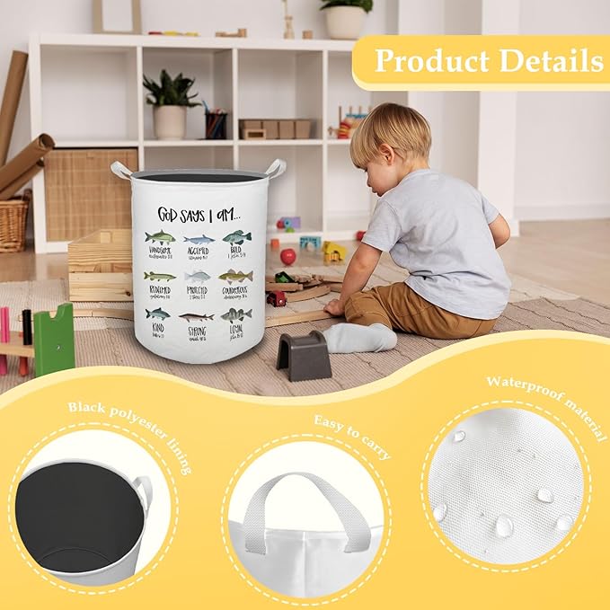 God Says I Am Fish Laundry Basket, Toybox for Boys Room, Christian Laundry Basket Hamper Waterproof Collapsible Clothes Toys Storage Bin Organizer for Bedroom Bathroom Kids Room Dorm