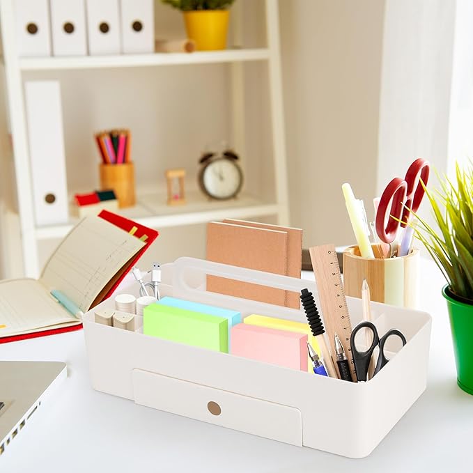 Multipurpose Caddy Organizer with Handle -8 Compartments and 1 small drawer - Art Craft Supplies, Office, Desk, Stationery Pen Holder, Makeup, Bathroom, Shower, Cleaning, Dorm Organizer - White