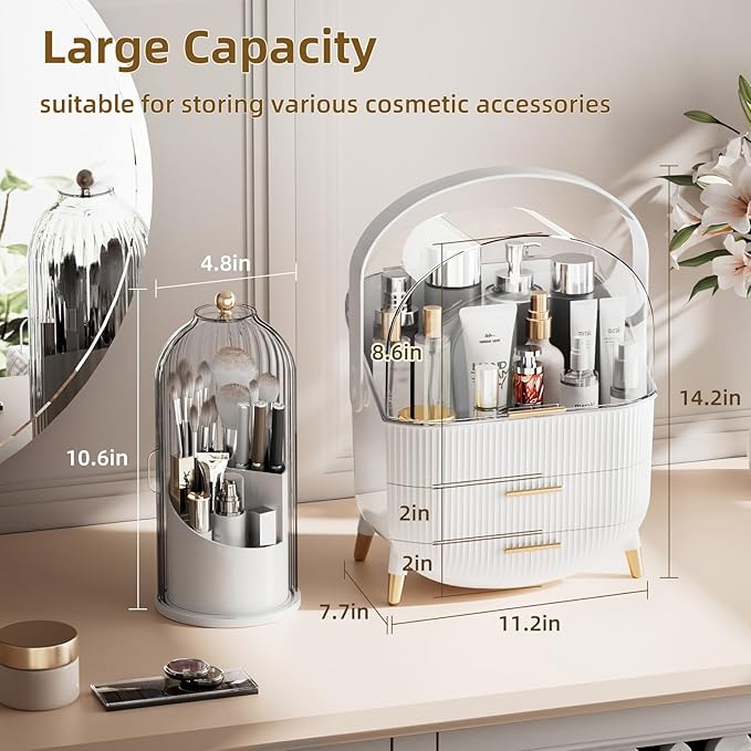 fanado Makeup Organizers Countertop, Makeup organization for Vanity, Cosmetic Storage with Lid and Drawers, Skincare Display Cases with for Desktop, Bathroom (White)