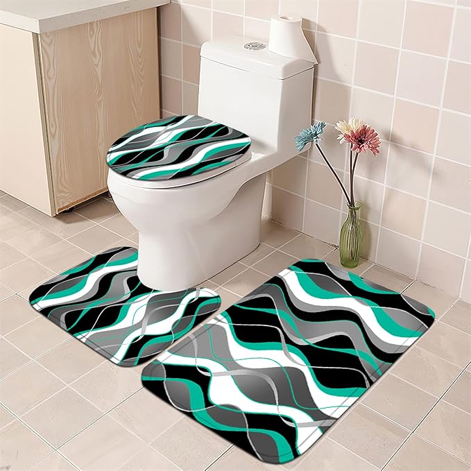 Nkzply 4 Pcs Green Striped Shower Curtain Set Teal and Black Bathroom Sets with Shower Curtain and Rugs Grey Modern Bathroom Decor Turquoise Shower Curtains with Rugs and Toilet Lid Cover
