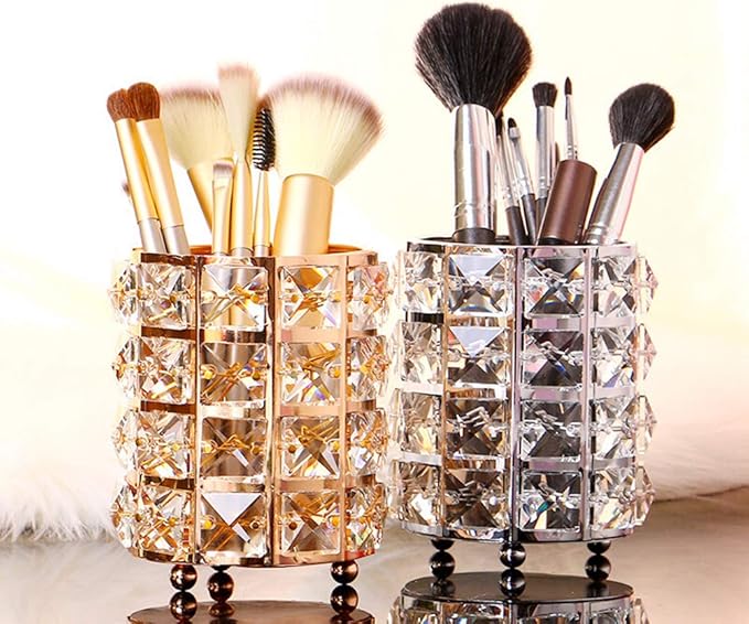 AKOAK 1 Pack Crystal Makeup Brush Holder Office Supplies Storage Rack Eyebrow Pencil/Lipstick/Pencil Makeup Container, Dressing Table, Bedroom, Office (Black)