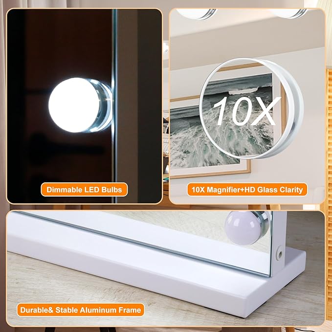 Moonee Vanity Mirror with Lights, Hollywood Lighted Makeup Mirror with 15 Dimmable Bulbs and 10X Magnification, 3 Colors Modes, Light Up Mirror, Gifts for Women, Girls,Dorm Room Essentials（23" x 18"）