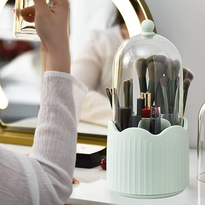 Makeup Brush Holder Organizer with Lid, Cosmetic Tools Organizer 360 Rotating Make up Brushes Storage for Vanity, Transparent & Dustproof (Mint Green)