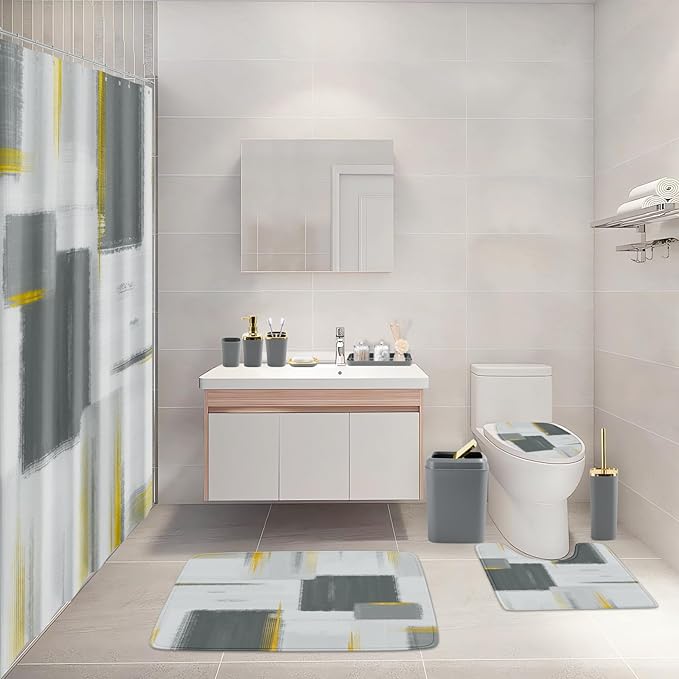 XLHOMO Bathroom Set - Grey and Gold Bathroom Accessories Set, Bathroom Sets with Shower Curtain and Rugs, Grey Shower Curtain Set with Bathroom Trash Can, Soap Dispenser, Soap Dish for Home Decor