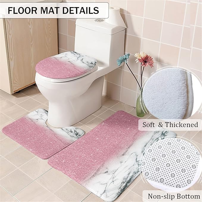 4 Piece Bathroom Shower Curtain Set with Rugs, Pink Marble Shower Curtain Sets with 12 Hooks, Non Slip Bath Mat, U-Shaped Floor Mat and Toilet Lid Oval Rug for Bathroom Set Decor
