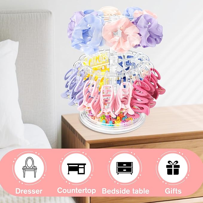 Claw Clip Organizer and Scrunchies Holder Stand, Acrylic Claw Clip Holder Organizer for Women and Girls, Double-Layer, 360-Degree Rotating