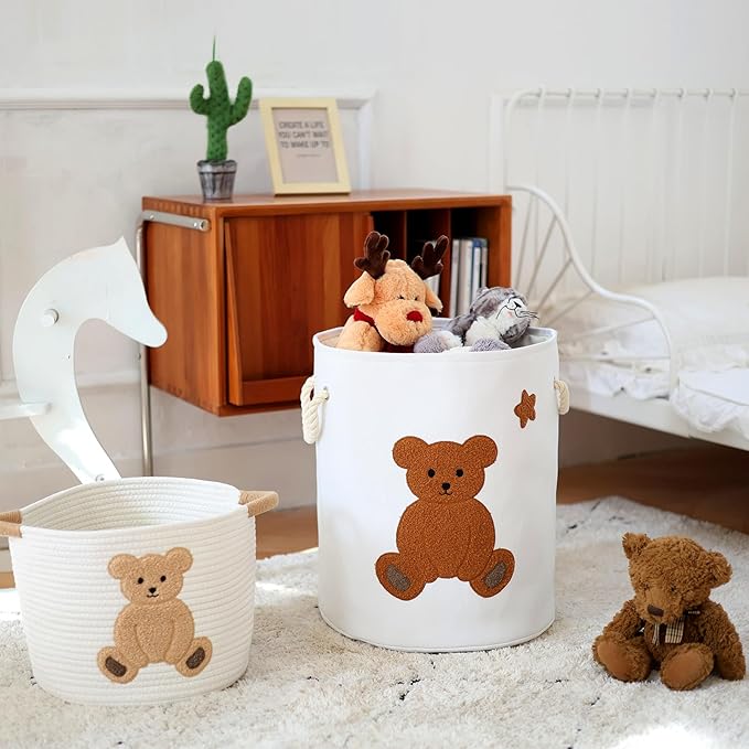INough Large Laundry Basket Tall Baskets Storage for Dirty Clothes, Toys Storage Bins Baby Hamper 58L Clothes Hamper Blanket Basket Baby Toys Organizer for Nursery Bedroom Living Room Decor, Bear