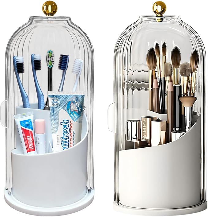 Makeup Brush Holder with Lid 360 rotating,Toothbrush Holder With lid for vanity,3 Slots Storage with 360 Rotating &180° Sliding Open for Bathroom Counter Organizer,Clear Dustproof & Waterproof 1pcs