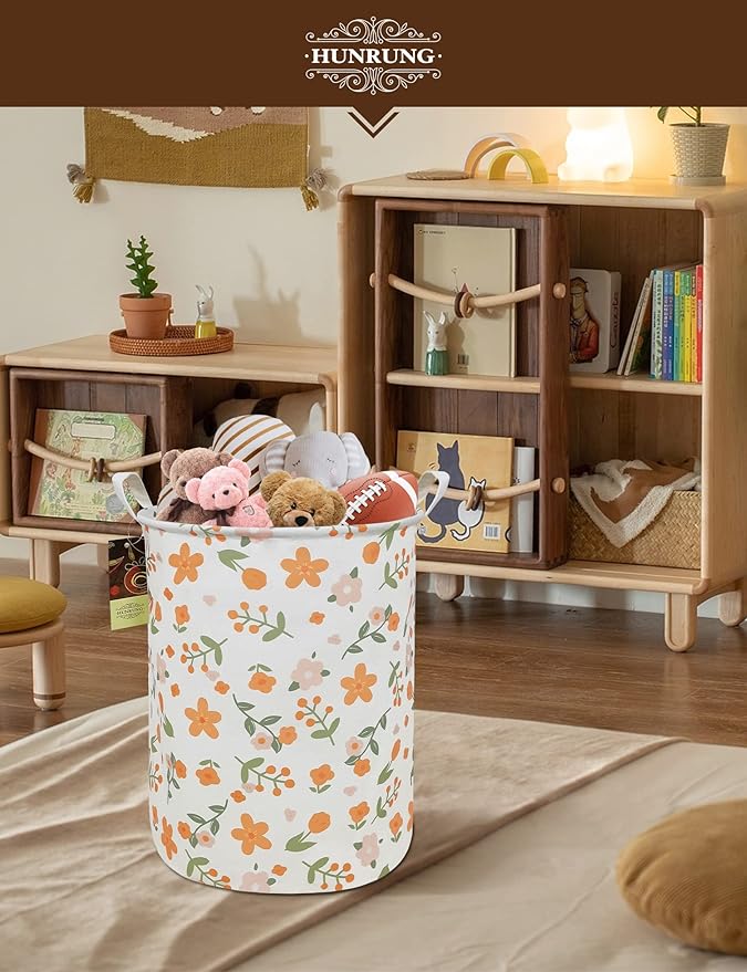 HUNRUNG Laundry Hamper,Large Canvas Fabric Lightweight Storage Basket Toy Organizer Dirty Clothes Collapsible Waterproof for College Dorms???Round-Orange Flower???
