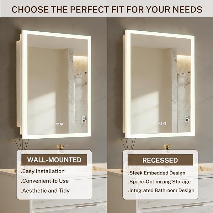 16x26 Inch Lighted Medicine Cabinet with Anti-Fog Mirror, 3 Glass Shelves, Dimmable LED, Recessed or Surface Mount Bathroom Smart Mirror Cabinet