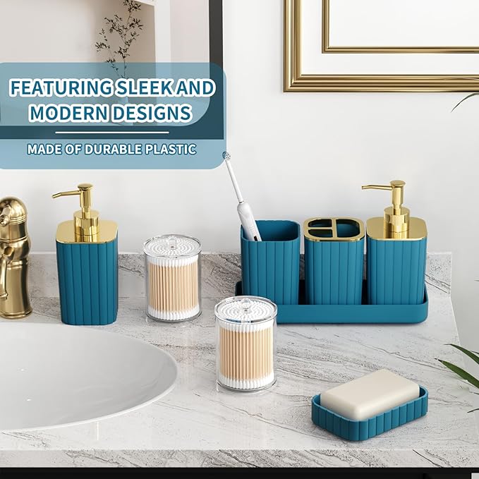 XLHOMO Bathroom Accessory Set - 26PC Bathroom Shower Curtain and Rug Set, Bathroom Accessories Set, Teal Bathroom Set with Trash Can, Toilet Brush, Qtip Holder & Soap Dispenser