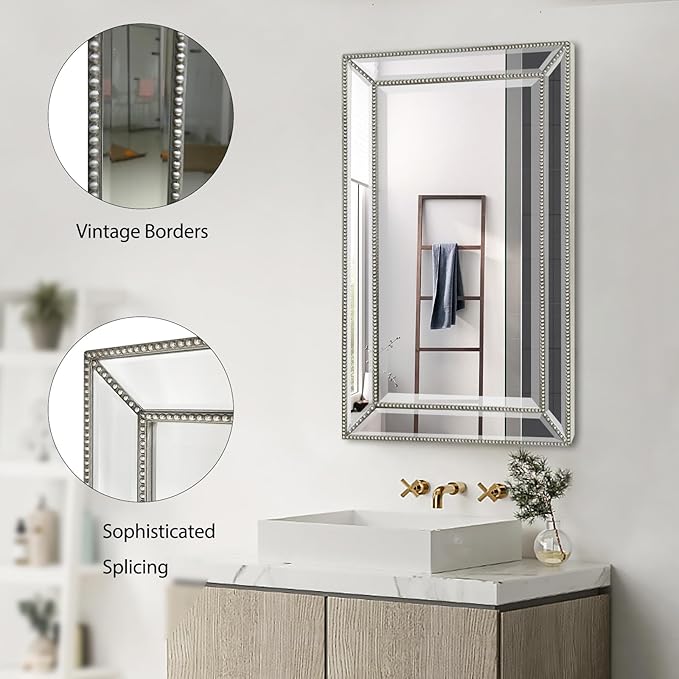 20x32 Inch Bathroom Medicine Cabinet, Silver Metro Beaded Wooden Frame, Retro Bevel Mirror, Recessed & Surface Mount, Space-Saving Storage Cabinet for Bathroom Organization
