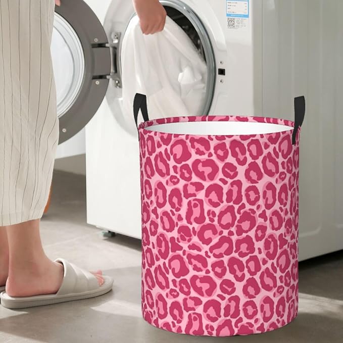 Pink Leopard Texture Round Laundry Hamper Storage Basket Toys Clothes Organizer Bin For Home Bathroom Bedroom Dorm Nursery, 62l