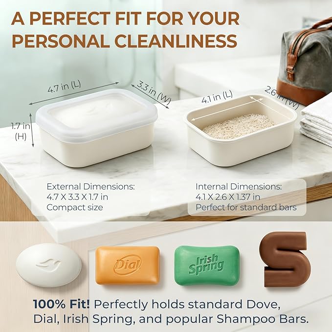 AIMAIAIMAI Compact Leakproof Travel Soap Case, Shatterproof Silicone Travel Soap Container with Draining Pad, Great for Outdoor, Camping, Gym (Off-White)