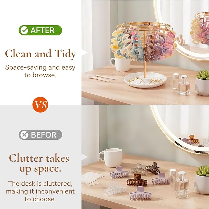 SNOWSTAR Claw Clip Organizer,Hair Clip Holder Stand with Tray, Hair Clip Storage Display Rack with 20 Golden Rings, Organizer Room Decor for Women and Girls